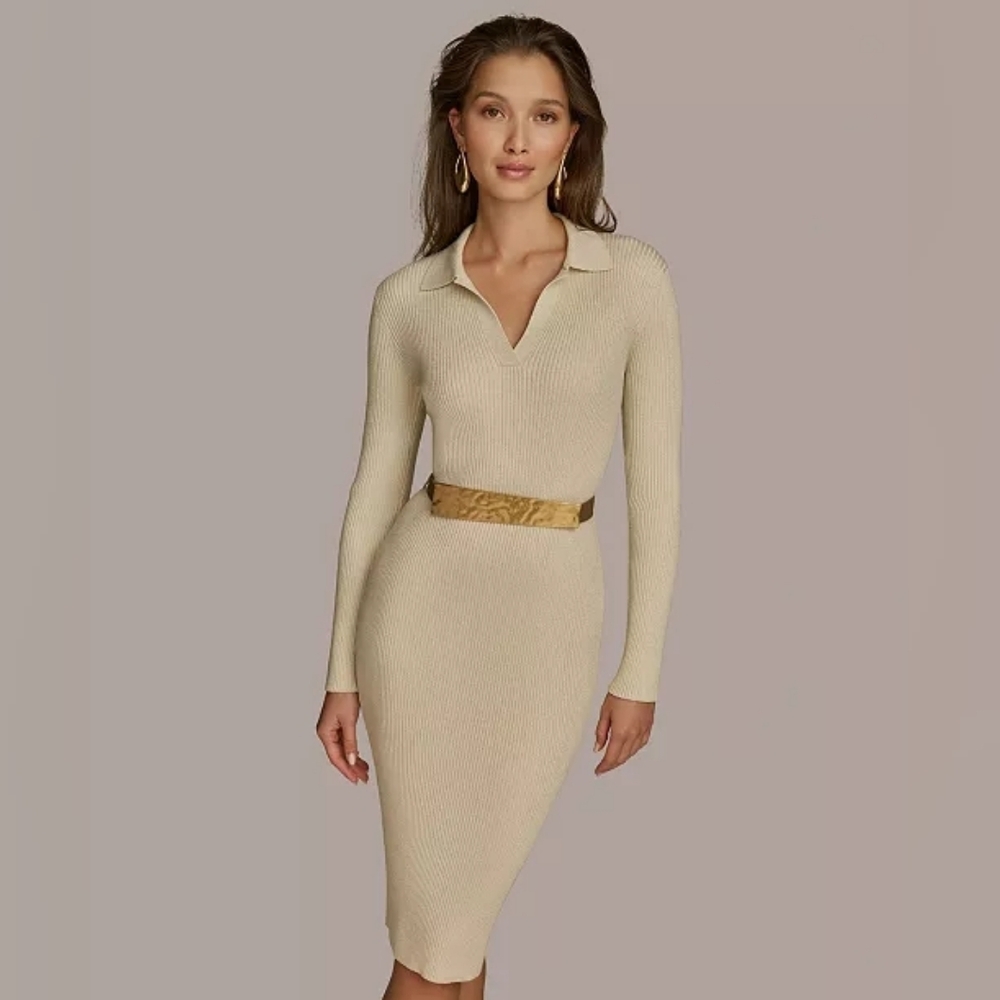 NWT Donna Karan Metallic Belted Sweater Dress, Size XL - Picture 3 of 9